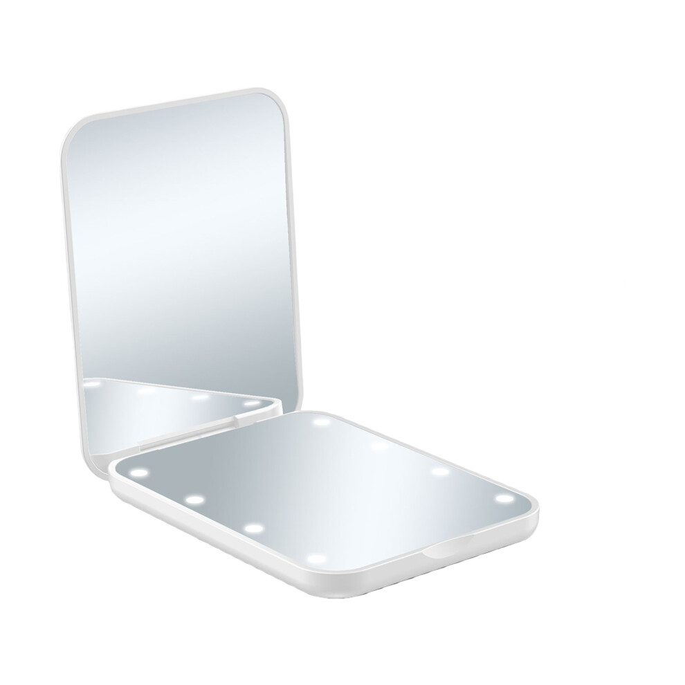 White Ergonomic Handheld Folding Makeup Mirror Featuring 2X