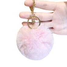Porte-clés boule de poils de lapin flou, anneau métallique-Rose