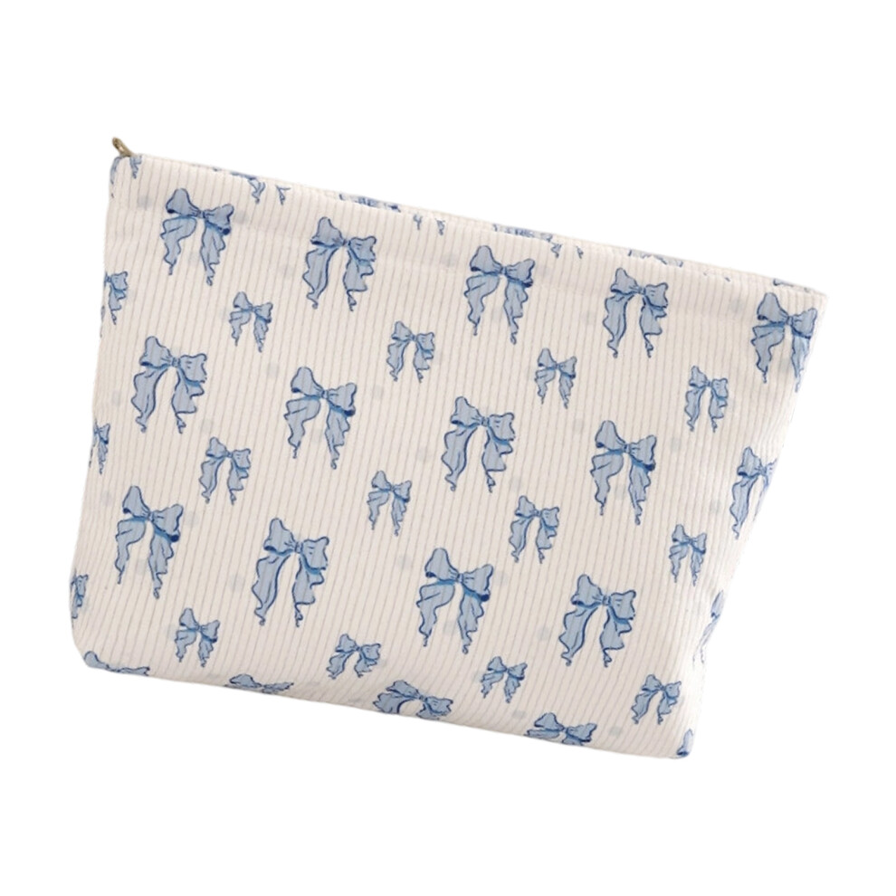 Blue Fashionable Corduroy Makeup Bag For Any Occasion Soft- Bow