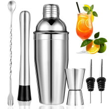 Stainless Steel Cocktail Shaker Set 6Piece 750ml, Includes Double Jigger, Muddler, Pourers, Mixing Spoon, Bar Tools