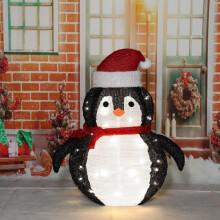 Glowing Red Hat Penguin, 40 LEDs Cool White Lights for Mesmerizing Outdoor Decorations, Soft Thick Fabric Surface