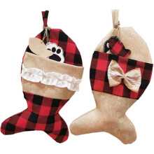Felicidade Natalina, Meias de Natal de Juta para Animais de Estimação, Design com Laço, Estampa Xadrez Elegante, Personalizadas, Para Pendurar na