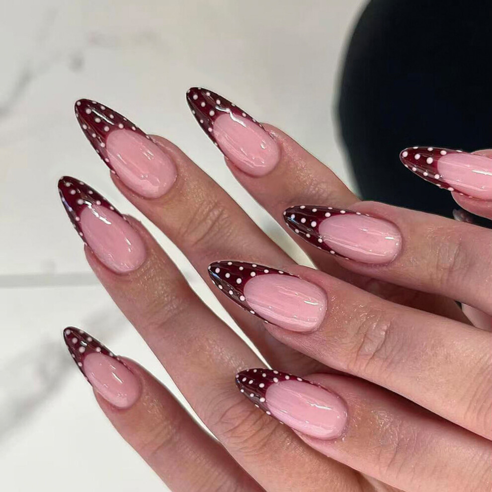 Press On Nail 24pcs Wine Red White Polkas French Design False