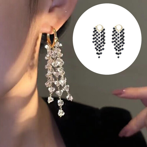 Crystal Fringe Earrings Long Drop Earrings Slimming-White 1