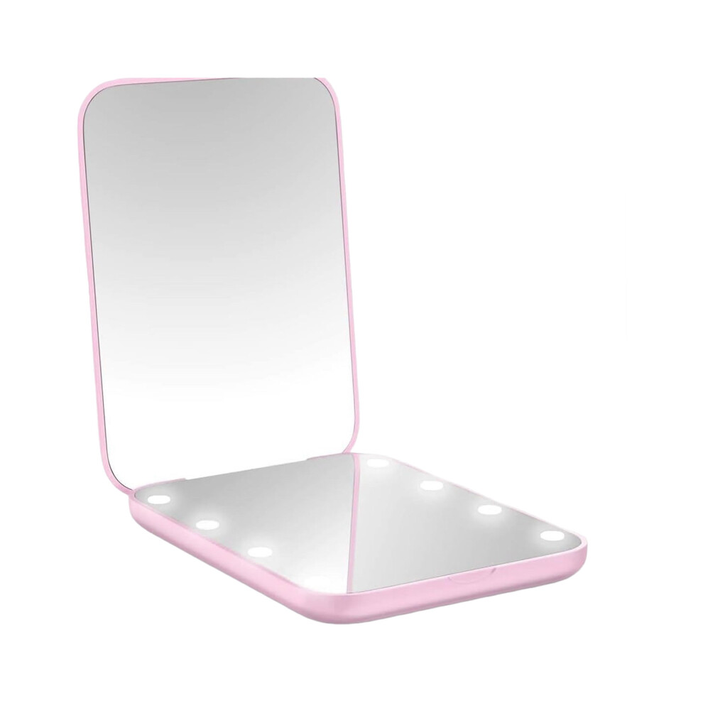 ABS Glass Handheld Foldable LED Makeup Mirror 2x-Pink