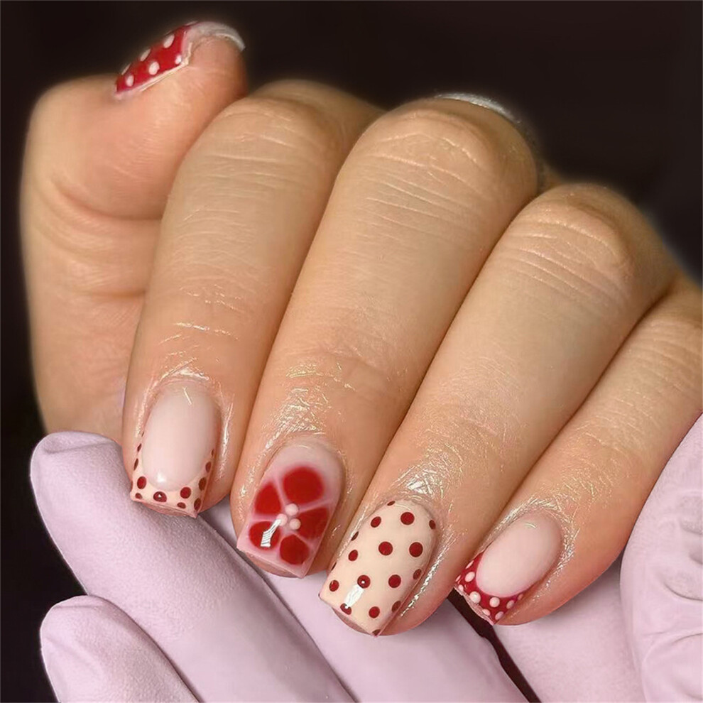 French Style Press On Nail Orange Brown Polkas Floral Art 24PCS