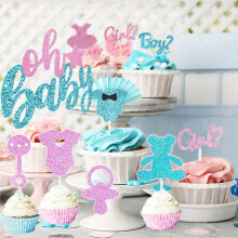 36PCS Gender Reveal Decorations, Non-Toxic Glitter Paper Cake Toppers for Baby Showers Gender Reveal Parties with Milk Bottle Ladder Foam Balls