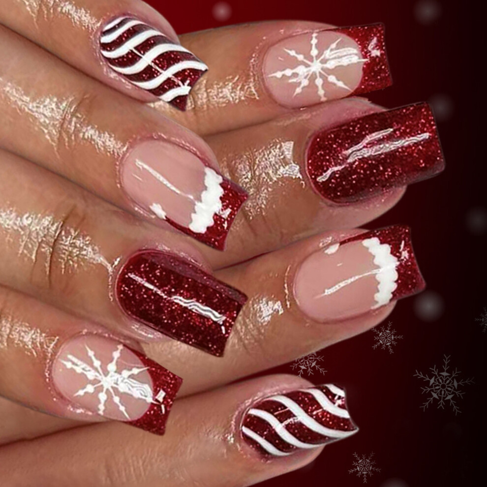 Christmas Themed Striped French Tip Fake Nail 24Pcs Short Press