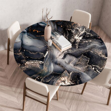 Waterproof Elastic Fitted Round Tablecloth Marble Oilcloth, StainResistant Stretch Table Protector, 90cm Dark Gray