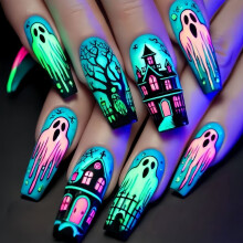 24 Stück Halloween Sarg Fake Nail Blauer Fledermaus Kürbis
