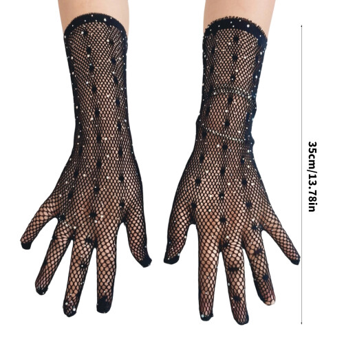 Stretchable Rhinestones Gloves Lace Fishnet Design Breathable 2