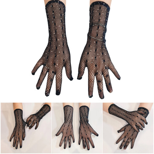 Stretchable Rhinestones Gloves Lace Fishnet Design Breathable 1