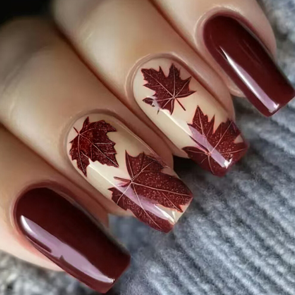 Maple Leaf Glossy False Nail 24Pieces Not Require Tools Long