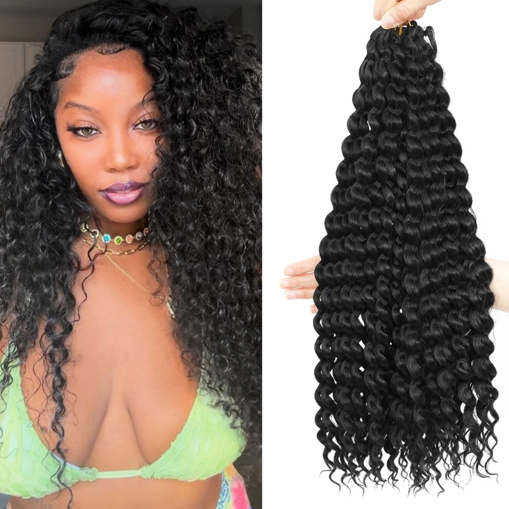 Unisex 8Packs Wave Curly Crochet Hair 18 Inch Deep Wave Bohemian Crochet Braids Prelooped For Butterfly Faux Locs 1B