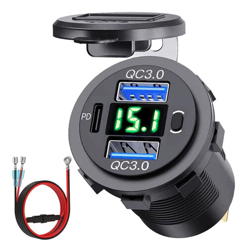 12V USB Outlet Dual Quick Charge with Voltmeter an