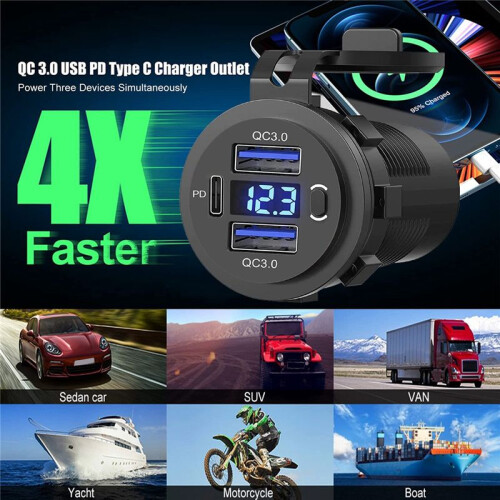 12V USB Outlet Dual Quick Charge with Voltmeter an 2