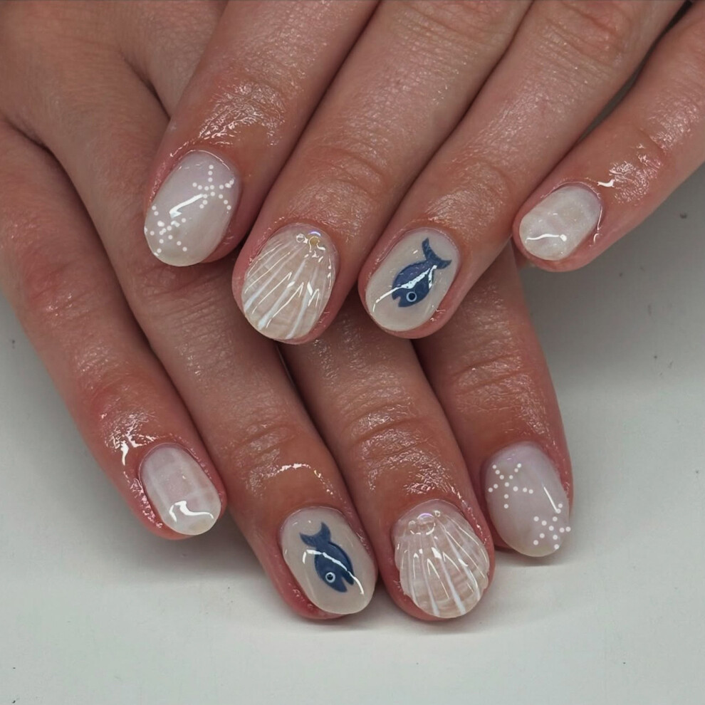 Almond Press on Nail Seashells Design French Tip Fake Nail Glues