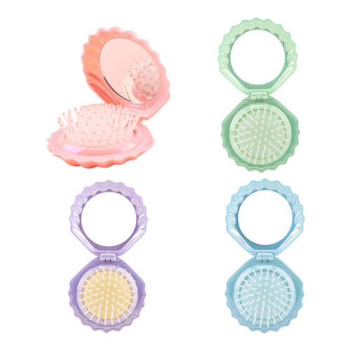 Cute Shell Design Foldable Hair Brush Mirror Combo For-Blue 1