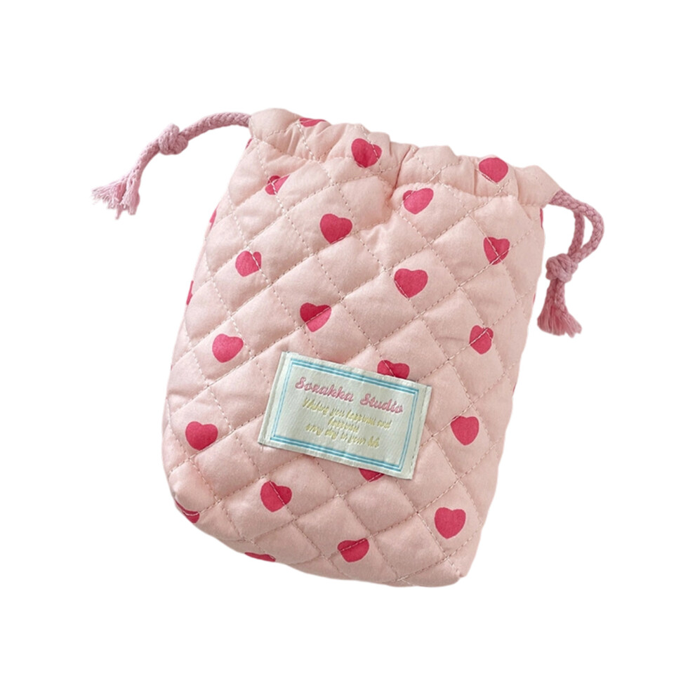Pink Camera Storage Bag Drawstring Cosmetic Bag Quilted- Heart