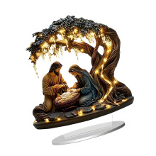 Religieus geschenk hars kerststal met boom met-2D acryl