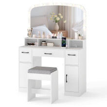 Vanity Desk With Mirror and Lights Dressing Table with Stool Charging Station