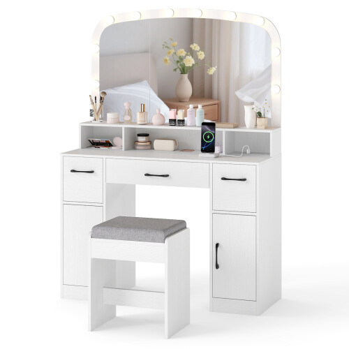 Costway Vanity Desk With Mirror and Lights Dressing Table with Stool Charging Station