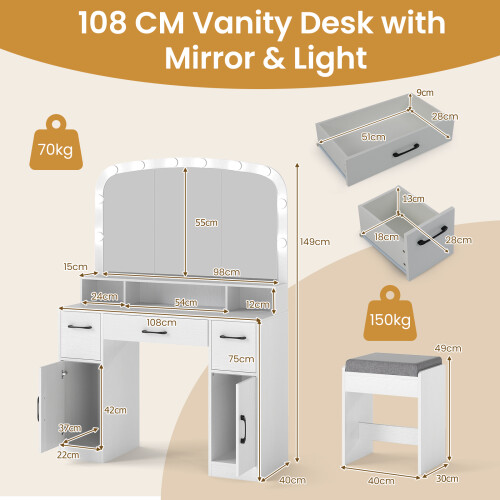 Costway Vanity Desk With Mirror and Lights Dressing Table with Stool Charging Station 1