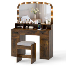 Vanity Desk With Mirror and Lights Dressing Table with Stool Charging Station