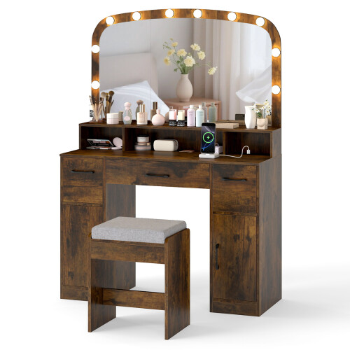 Costway Vanity Desk With Mirror and Lights Dressing Table with Stool Charging Station
