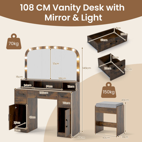 Costway Vanity Desk With Mirror and Lights Dressing Table with Stool Charging Station 1
