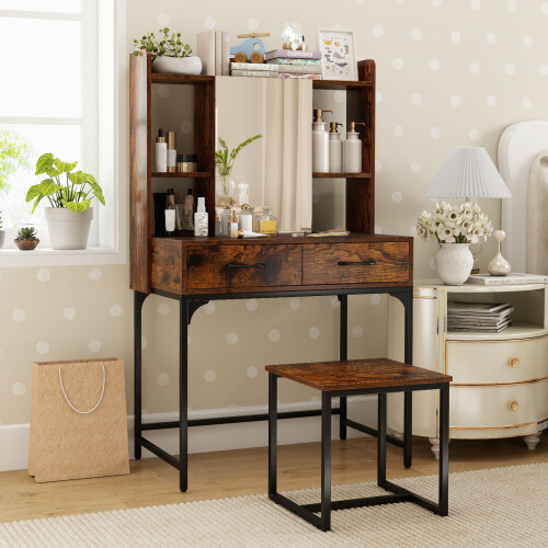 Costway Vanity Desk With Mirror and Stool Dressing Table With Power Outlets 2