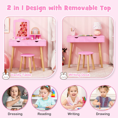 Costway 2-in-1 Vanity Set for Kids Dressing Table and Stool With 2 Large Drawers 2