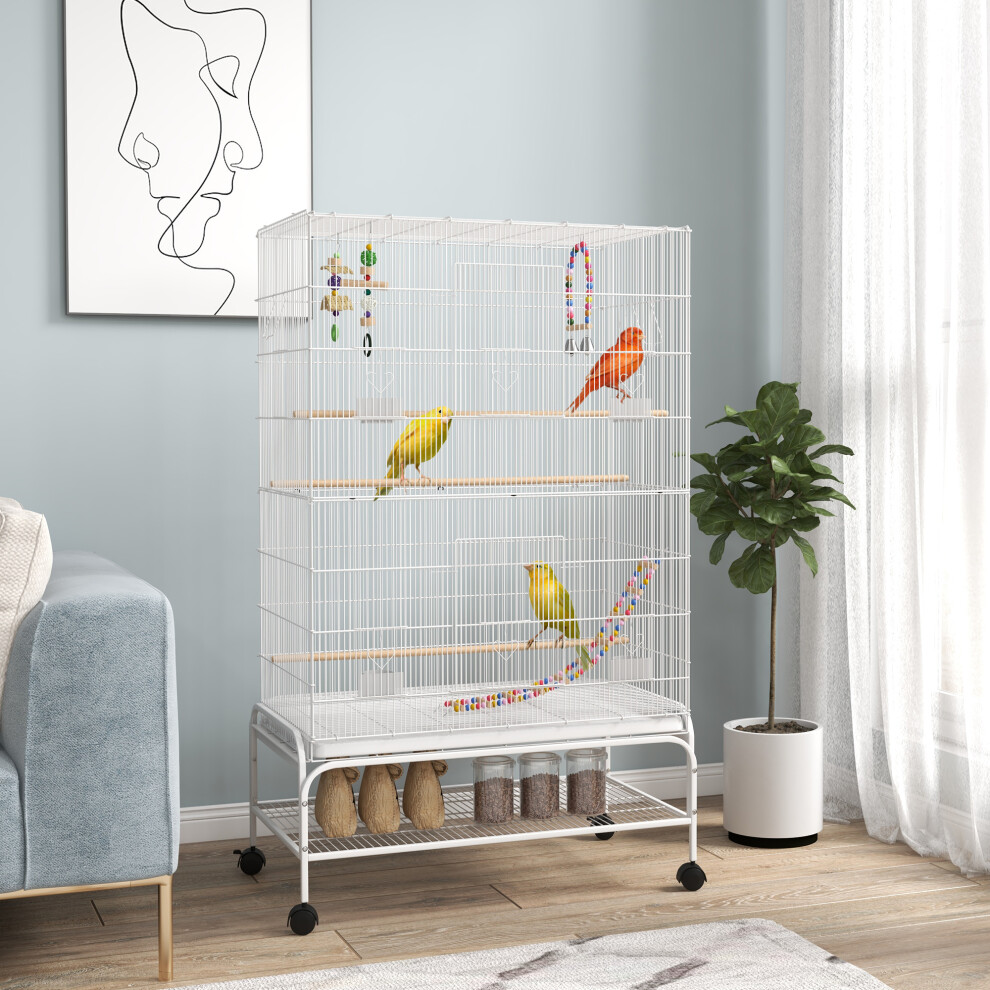 Pawhut Bird Cage With Stand, Wheels, Toys, For Budgies, Finches, White