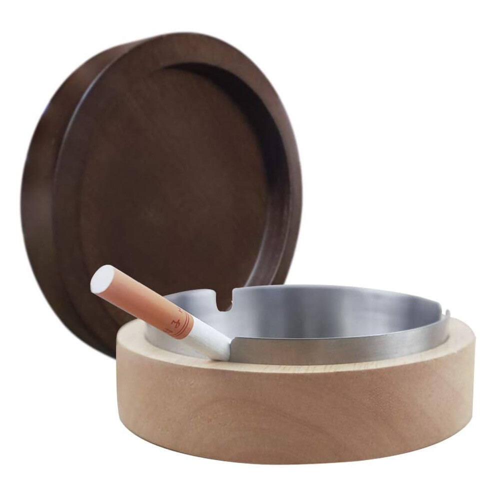 Windproof Portable Ashtray with Stainless Steel Liner, Outdoor Ashtrays With Modern Design And Natural Wood, Grooves For Safe Cigarette Extinguishing,