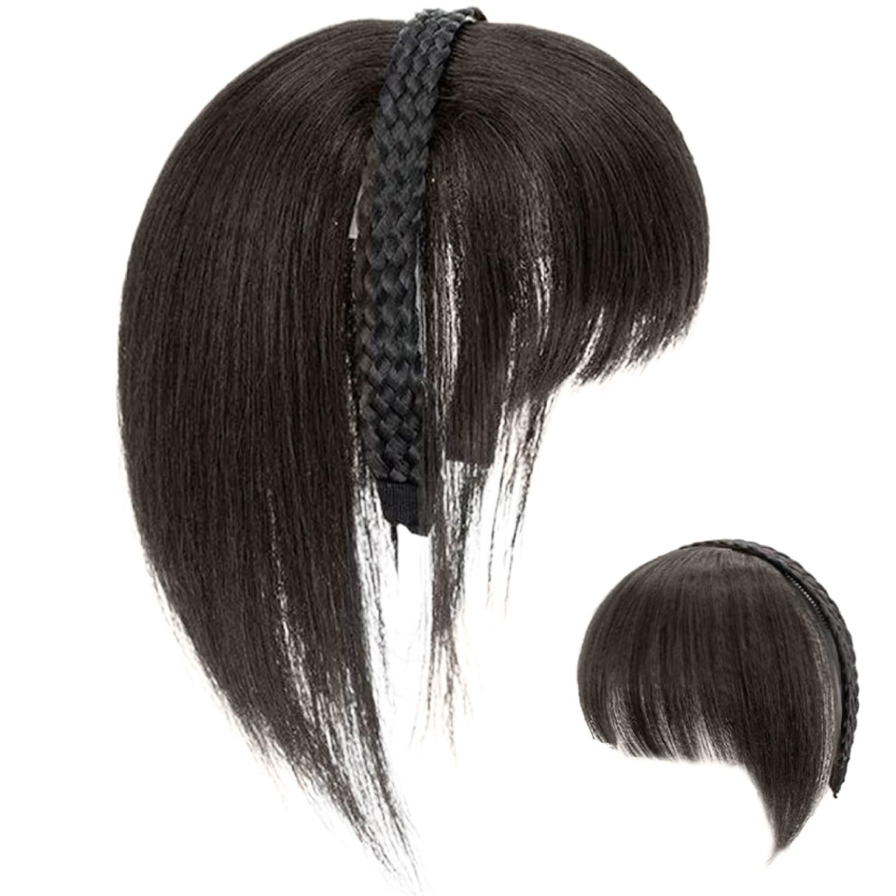 Unisex Brown Braided Headband Wig, 10Inch Bangs, Dark Straight Hair, Twist Braid Headband, Clipin Topper Extension With Bangs