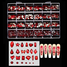 24 Grids Nail Charms Glass AB Rhinestones Flatback Nail Art-Red