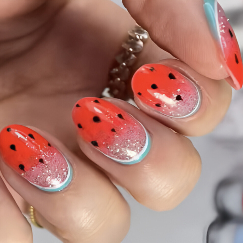 Watermelon Press On Nail French Tips Almond False Nail Glues on