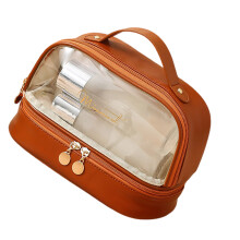 Doppellagige Kosmetiktasche, Reise-Make-up-Tasche,-Mokkabraun