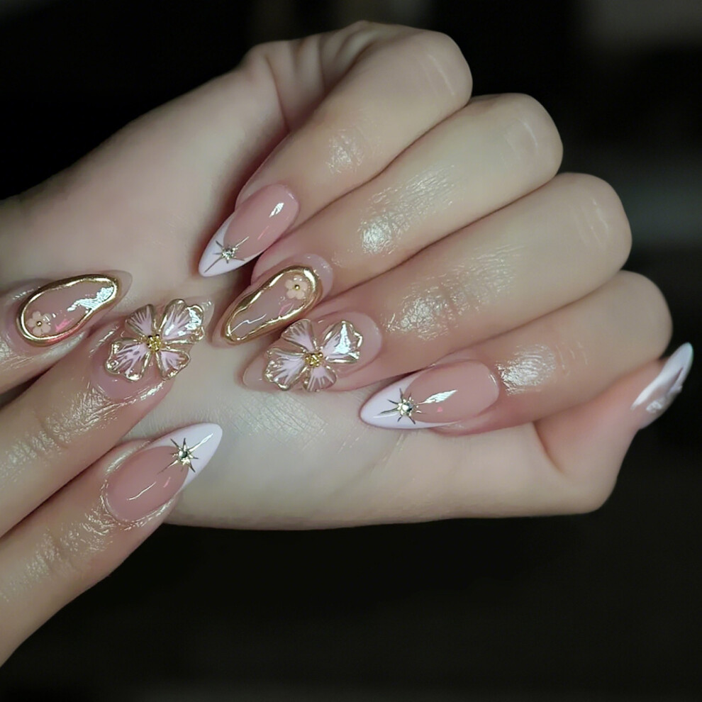 24pcs Elegant Almond False Nail with French Tip and Flower