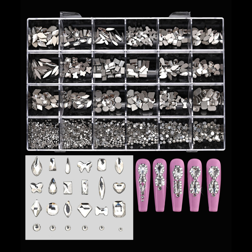 White 24 Grids Flatback Nail Rhinestones Nails Art Charms Mixed