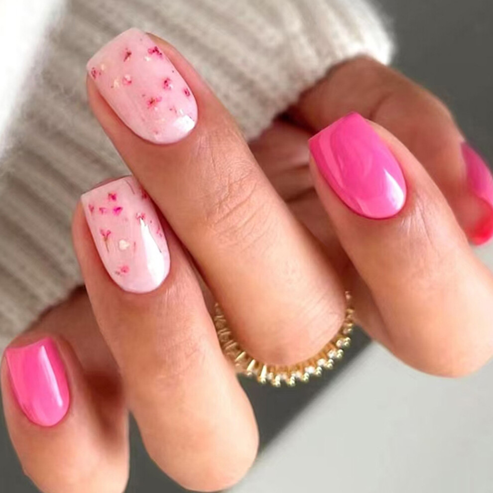 24 Pieces Pink Short Square Press On Nail Acrylic Artificial