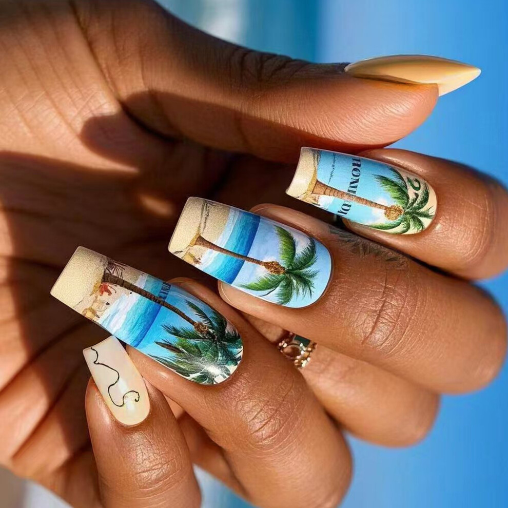 Press on Nail Coffin Fake Nail Glossy Stick on Nail Coconut Tree