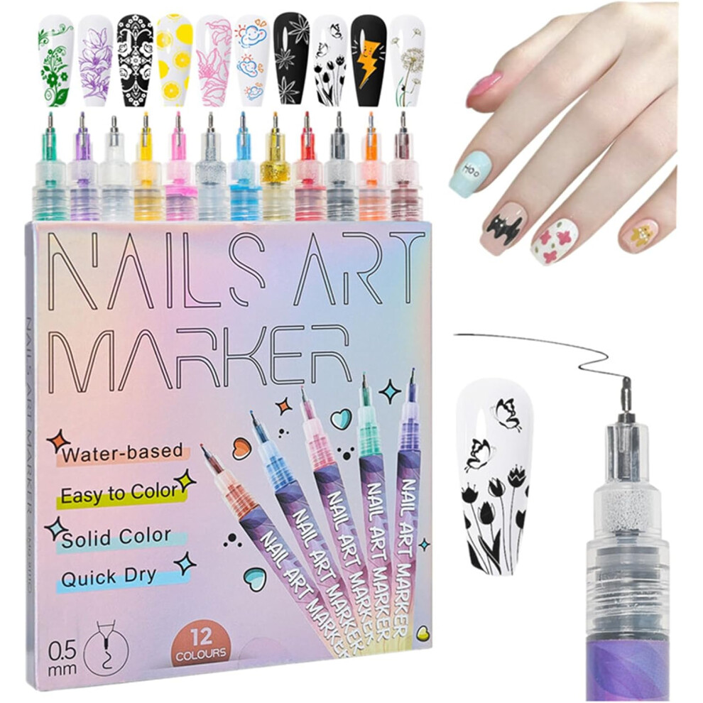 Nail Markers For Nail Art, 12 Colors Nail Art Pens Set, DIY Nail Art Marker Drawing Painting Liner Pen