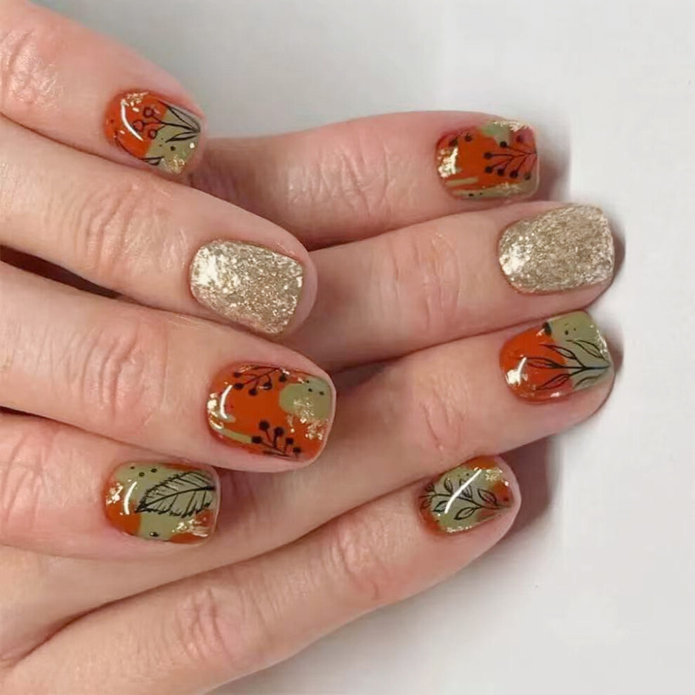 Elegant Maple Leaf Glitters Press On Nail Red Brown Shimmers