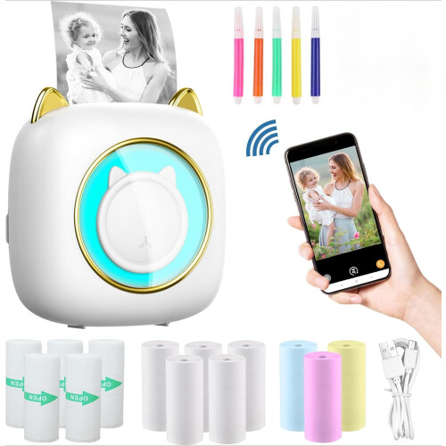 (White) mini printer, mini thermal printer, mini photo printer, mini sticker printer, laser printer, pocket printer, wireless printer