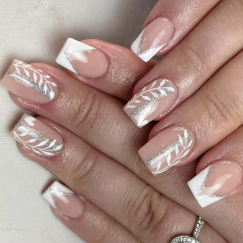 Short Square Press On Nail With White Sparkles Tips Fake Nail