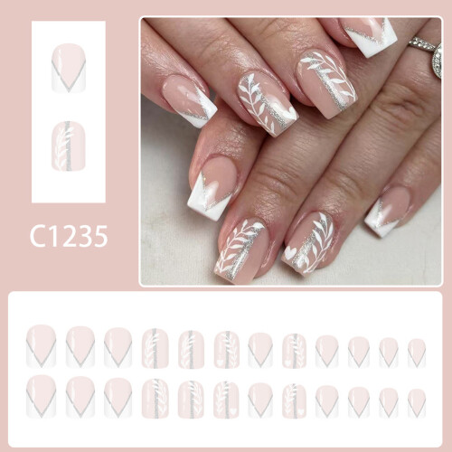 Short Square Press On Nail With White Sparkles Tips Fake Nail 1