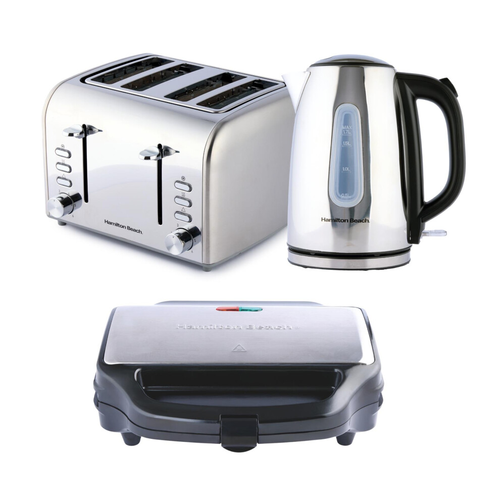 Hamilton Beach Rise Kettle, 4 Slice Toaster & Sandwich Toaster, By Silver