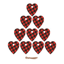 Heart Shaped Plaid Wood Slices With Twine String Christmas Decorative LED Lights Reusable Party Hanging Decor Red And Black Buffalo Check Ornament For