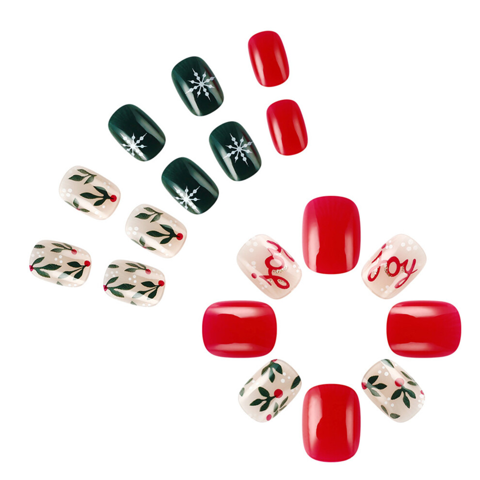 Short Square Artificial Nails Snowflake False Nails Christmas